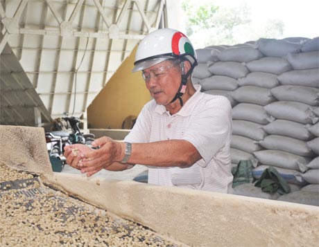 Chú Tư Lộc với mô hình xay xát - ép trấu viên khép kín vừa được Phó Chủ tịch Ủy ban MTTQ Việt Nam đưa cán bộ đến tìm hiểu.