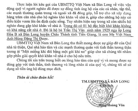 Thư ngỏ của Ủy ban MTTQ xã Bàn Long ngày 12-6-2012 do Chủ tịch MTTQ xã Đặng Hoàng Vân ký