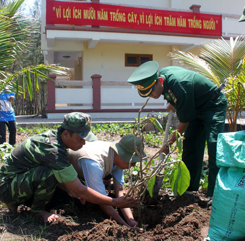 Bộ đội Biên phòng Tiền Giang tiếp nhận và trồng cây bàng vuông.