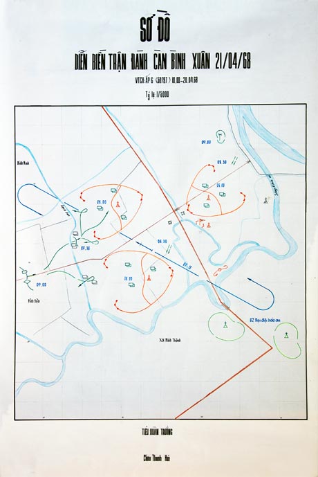 Sơ đồ diễn biến trận đánh càn  Bình Xuân ngày 21-4-1968 (nhằm ngày 24-3 ÂL) do Tiểu đoàn trưởng  Châu Thanh Hải phác thảo.