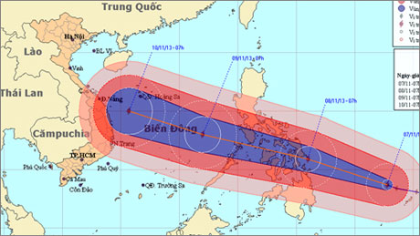 Vị trí và đường đi của bão Haiyan.