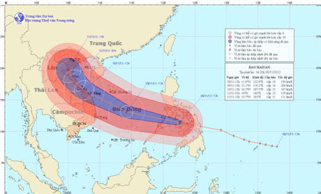 Dự báo đường đi và vị trí của cơn bão HaiYan - Ảnh: Trung tâm Dự báo khí tượng thủy văn Trung ương, cập nhật hồi 13 giờ ngày 8-11-2013
