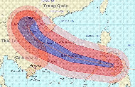 Diễn biến, dự báo đường đi của bão Haiyan của Trung tân Dự báo KTTV TƯ lúc 14 giờ 30 phút ngày 8/11