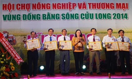 Bà Trần Kim Mai, Phó Chủ tịch Thường trực UBND tỉnh trao Bằng khen cho các cơ quan, đơn vị.
