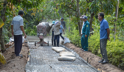 Người dân tham gia xây dựng đường giao thông nông thôn ở xã Tân Thanh, huyện Cái Bè. Ảnh: P.L