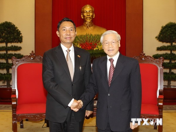 Tổng Bí thư Nguyễn Phú Trọng tiếp Ngài U Shwe Mann, Chủ tịch Hạ viện kiêm Chủ tịch Quốc hội Cộng hòa Liên bang Myanmar. (Ảnh: Trí Dũng/TTXVN)