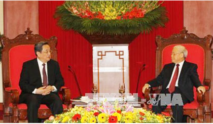  Tổng Bí thư Nguyễn Phú Trọng tiếp  Ủy viên Thường vụ Bộ Chính trị , Chủ tịch Chính hiệp toàn quốc Trung Quốc Du Chính Thanh. Ảnh : TTXVN 