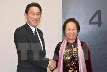 Phó Chủ tịch nước Nguyễn Thị Doan tiếp Ngoại trưởng Nhật Bản Fumio Kishida. Ảnh: Thống Nhất/TTXVN