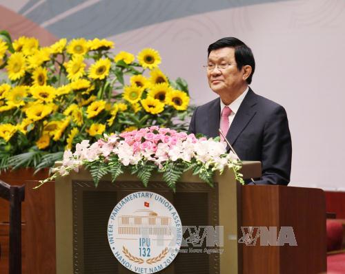  Chủ tịch nước Trương Tấn Sang đến dự và phát biểu chào mừng IPU-132. Ảnh: TTXVN