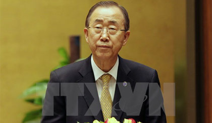 Tổng Thư ký Liên hợp quốc Ban Ki-moon tới dự và phát biểu tại Kỳ họp thứ 9, Quốc hội Khóa XIII. Ảnh: Nhan Sáng/TTXVN