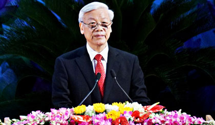  Tổng Bí thư Nguyễn Phú Trọng đọc diễn văn tại Lễ kỷ niệm. Ảnh:TH