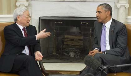 Tổng Bí thư Nguyễn Phú Trọng hội đàm với Tổng thống Hoa Kỳ Barack Obama - Ảnh: Reuters 