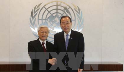  Tổng Bí thư Nguyễn Phú Trọng và Tổng Thư ký LHQ Ban Ki-moon. Ảnh: TTXVN