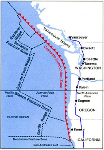  Vết nứt gãy hút chìm Cascadia (màu đỏ) trải dài từ Vancouver đến phía bắc California. Ảnh: Quaketrip