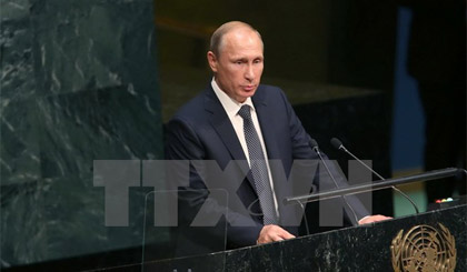 Tổng thống Nga Vladimir Putin phát biểu tại khóa họp lần thứ 70 Đại Hội đồng Liên hợp quốc ở New York. Nguồn: AFP/TTXVN