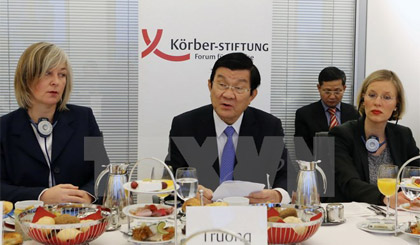 Chủ tịch nước Trương Tấn Sang đến dự và phát biểu trước chính giới, học giả Đức tại Viện Körber. Ảnh: Nguyễn Khang/ TTXVN