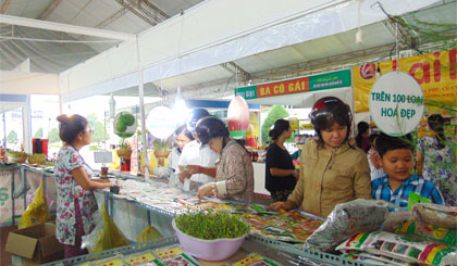 Khách tham quan, mua sắm ở gian hàng bán hạt giống tại hội chợ.