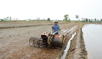 Nông dân làm đất chuẩn bị xuống giống vụ hè thu ở khu vực Dự án Ngọt hóa Gò Công.