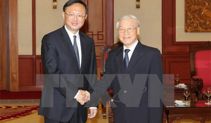 Tổng Bí thư Nguyễn Phú Trọng tiếp Ủy viên Quốc vụ Trung Quốc Dương Khiết Trì. Ảnh: Trí Dũng/TTXVN