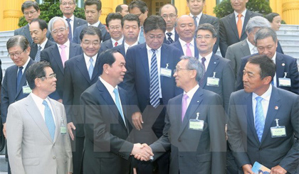 Chủ tịch nước Trần Đại Quang tiếp Đoàn công tác của Ủy ban Kinh tế Nhật-Việt (Keidanren) sang thăm và làm việc tại Việt Nam. Ảnh: Nhan Sáng/TTXVN