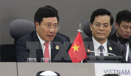 Phó Thủ tướng, Bộ trưởng Ngoại giao Phạm Bình Minh phát biểu trong phiên họp chiều 17-9 của Hội nghị cấp cao NAM. Ảnh: Vũ Lê Hà/TTXVN