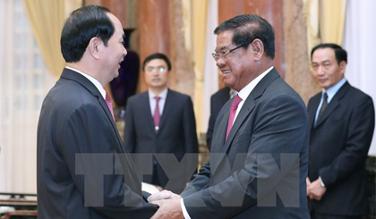 Chủ tịch nước Trần Đại Quang tiếp Ngài Sar Kheng, Phó Thủ tướng, Bộ trưởng Bộ Nội vụ Vương quốc Campuchia. Ảnh: Nhan Sáng/TTXVN