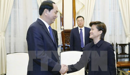 Chủ tịch nước Trần Đại Quang tiếp bà Catherine Wong Siow Ping, Đại sứ Cộng hòa Singapore tại Việt Nam đến chào xã giao. Ảnh: Nhan Sáng/TTXVN