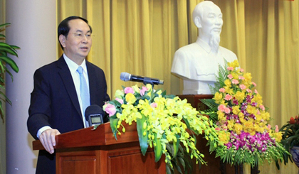 President Tran Dai Quang speaks at the meeting. (Credit: VOV)