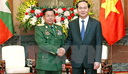 Chủ tịch nước Trần Đại Quang tiếp Thống tướng Min Aung Hlaing, Tổng Tư lệnh các Lực lượng vũ trang Myanmar thăm chính thức Việt Nam. Ảnh: Nhan Sáng/TTXVN