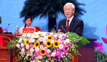 Party General Secretary Nguyen Phu Trong speaking at the congress (Credit: daidoanket.vn)