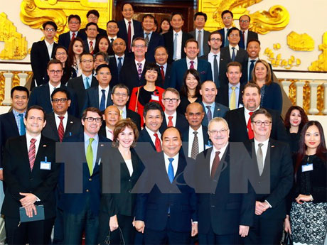 Thủ tướng Nguyễn Xuân Phúc tiếp đoàn Hội đồng Doanh nghiệp Hoa Kỳ​-ASEAN. Ảnh: Thống Nhất/TTXVN