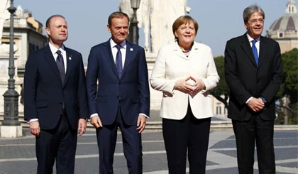 Thủ tướng Malta Joseph Muscat, Chủ tịch Hội đồng châu Âu Donald Tusk, Thủ tướng Đức Angela Merkel và Thủ tướng Italy Paolo Gentiloni. Nguồn: Reuters