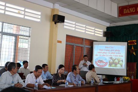 ông Cao Văn Hóa, Quyền Giám đốc Sở NN&PTNT trình bày thực trạng và giải pháp khôi phục, phát triển cây vú sữa Lò Rèn tại hội thảo.    