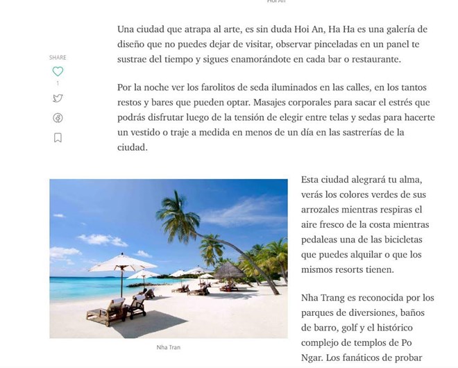 Hình ảnh biển Nha Trang trong bài viết của doanh nhân Argentina Guillermo Perez Cena. 