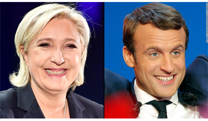 Hai ứng cử viên giành chiến thắng vòng 1 bầu cử Tổng thống Pháp - bà Marine Le Pen và ông Emmanuel Macron. Ảnh: CNN