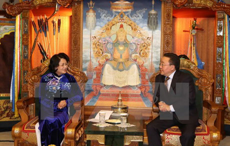 Phó Chủ tịch nước Đặng Thị Ngọc Thịnh hội kiến Tổng thống Mông Cổ Tsakhiagiin Elbegdorj. Ảnh: Quang Hải/TTXVN