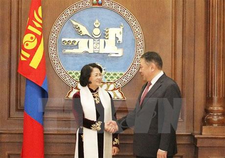 Phó Chủ tịch nước Đặng Thị Ngọc Thịnh hội kiến Chủ tịch Quốc hội Mông Cổ Miyegombo Enkhbold. Ảnh: Quang Hải/TTXVN