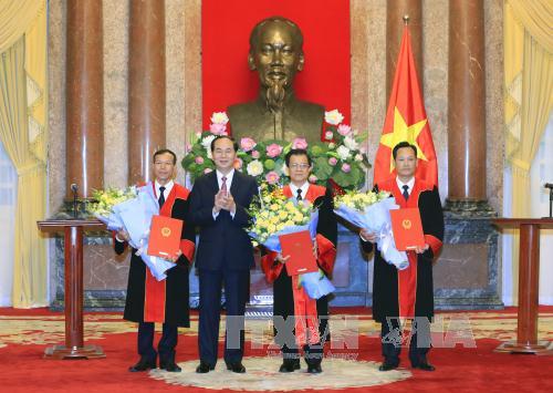 Chủ tịch nước Trần Đại Quang trao các Quyết định bổ nhiệm. Ảnh: Nhan Sáng/TTXVN