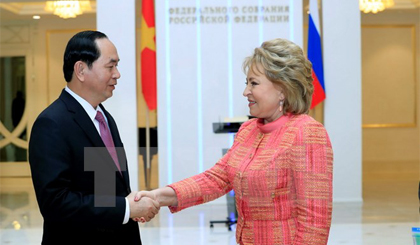 Chủ tịch nước Trần Đại Quang hội kiến với Chủ tịch Hội đồng Liên bang Nga Matvienko. Ảnh: Nhan Sáng/TTXVN