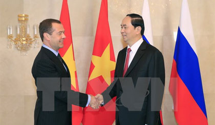 Chủ tịch nước Trần Đại Quang hội kiến Thủ tướng Chính phủ Liên Nga D. Medvedev. Ảnh: Nhan Sáng/TTXVN