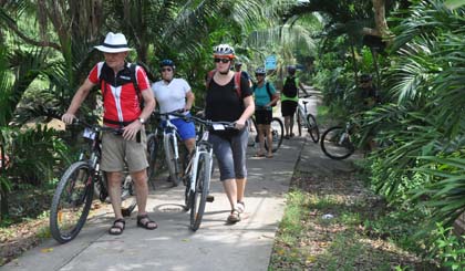 Foreign tourists visit Dong Hoa Hiep ancient villiage in Cai Be district, Tien Giang province. Photo: Huu Chi