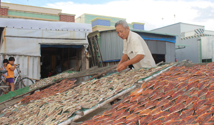 Sản xuất cá khô gặp khó trong mùa mưa.