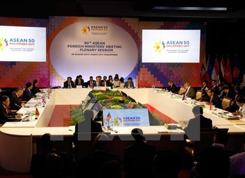 Toàn cảnh ngày họp đầu tiên của Hội nghị Bộ trưởng Ngoại giao ASEAN lần thứ 50 ở Manila, Philippines ngày 5-8. Nguồn: TTXVN  