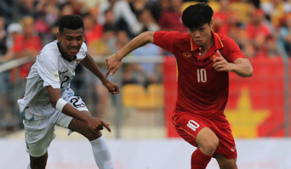 Công Phượng đã giải tỏa tâm lý với bàn thắng vào lưới U22 Đông Timor. Ảnh: Minh Tuấn