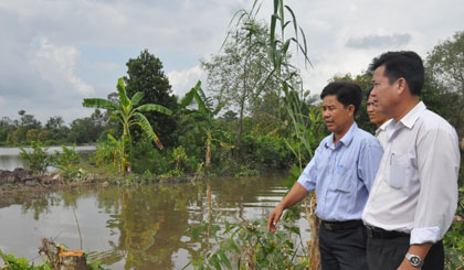 Ông Nguyễn Văn Tú, Phó Chủ tịch UBND huyện Cái Bè khảo sát tình hình lũ.