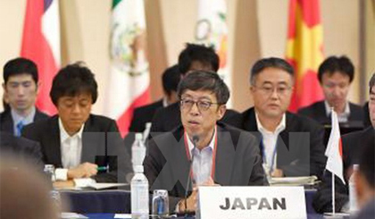 Trưởng đoàn đàm phán Nhật Bản Kazuyoshi Umemoto (giữa) phát biểu tại Hội nghị. Ảnh: Kyodo/TTXVN