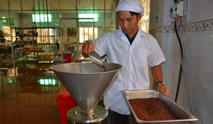Dây chuyền chế biến sôcôla từ hạt ca cao của Công ty TNHH MTV Sôcôla Kim My, huyện Châu Thành.