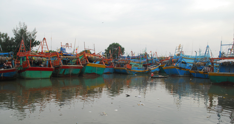 Chiều 3-11, tàu, thuyền đã neo đậu chật kín tại cảng cá Vàm Láng (huyện Gò Công Đông).