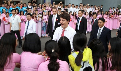 Canadian Prime Minister Justin Trudeau meets students of Ton Duc Thang University in Ho Chi Minh City