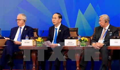 Chủ tịch nước Trần Đại Quang (giữa) phát biểu tại Đối thoại Lãnh đạo APEC và ABAC. Ảnh: TTXVN
